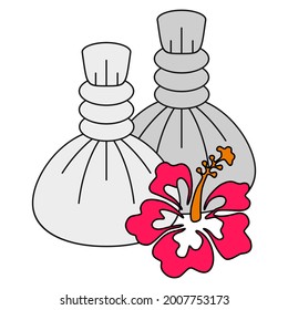 SPA pouches and Hawaiian hibiscus. Cloth bags with salt or herbs for a massage procedure. Vector illustration isolated on a white background for design and web.