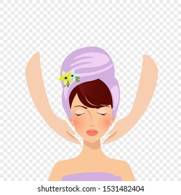Spa procedure. Beautiful woman receiving facial massage. Top view masseur holding hands on cute girl face with closed eyes and turban on head isolated icon. Cartoon flat vector illustration, clip art