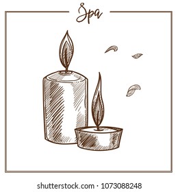 Equipo de procedimientos de spa, sin canallas aromáticas iluminadas, boceto monocromo