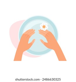 Procedimiento de spa para la piel de las manos, vista superior de la palma en el baño con agua y Ilustración vectorial de flores