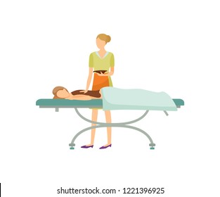 Spa procedure with healing mud or chocolate cartoon banner vector. Specialist in uniform with bowl of mixture greasing back of lying on table client