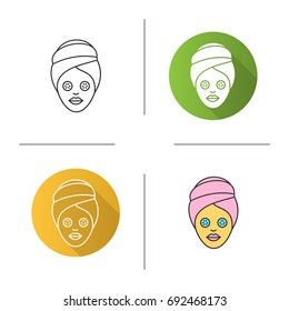 Spa procedure icon. Flat design, linear and color styles. Woman with cucumber facial mask. Isolated vector illustrations