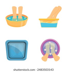 Spa procedure icons set cartoon vector. Feet soaking in bowl with flower petal. Spa foot care