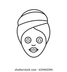 Spa procedure linear icon. Thin line illustration. Woman with cucumber facial mask. Contour symbol. Vector isolated outline drawing