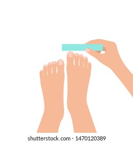 Spa procedure, pedicure top view. Female feet and hand with file. Pedicure to herself. Vector illustration