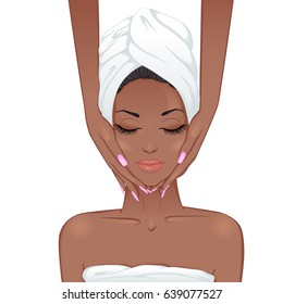 Spa procedures and cosmetology. Portrait of a beautiful african american girl, who is doing face massage. Vector illustration isolated on white background