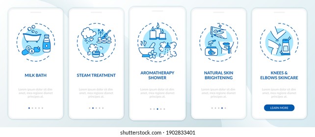 Spa procedures onboarding mobile app page screen with concepts. Milk bathing, steam treatment walkthrough 5 steps graphic instructions. UI vector template with RGB color illustrations
