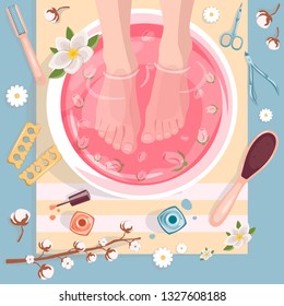 Spa procedures, pedicure and manicure top view vector illustration. Beauty salon concept. Female feet in pink water bowl with flowers.