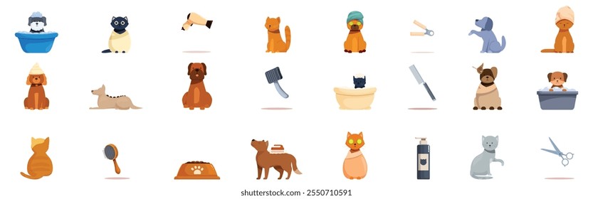 SPA procedures pets icons set. Cartoon pet grooming icons showcasing various breeds of dogs and cats being pampered with baths, blow drying, brushing, and other hygiene practices