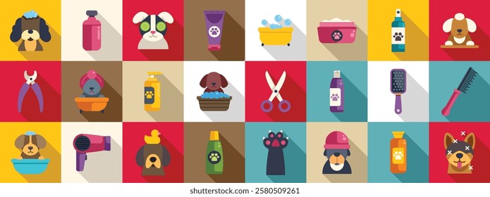  Spa procedures pets icons set. Colorful icons representing various aspects of dog grooming, including bathing, brushing, and nail clipping