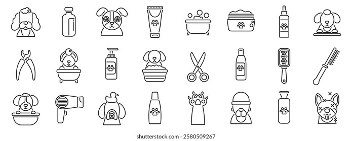  Spa procedures pets icons set. Essential tools and products for canine hygiene and grooming, ensuring a clean, healthy, and happy pet