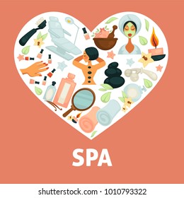 Cartel promocional de procedimientos de spa con ilustraciones dentro del corazón