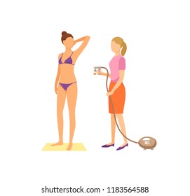 Spa procedures in salon cartoon vector banner isolated on white. Girl wearing swimsuit and worker in suit with equipment tiny machine with hose in hand