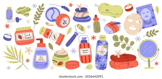 Productos de spa, belleza, cuidado de la cara y el cuerpo cosméticos orgánicos y accesorios conjunto floral ilustración vectorial. Paquetes coloridos, botellas, frascos y tubos con suministros naturales de higiene ecológica