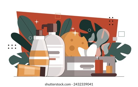 SPA products concept. Soap and sponge with deterngents. Wellbeing and relaxation. Skin and face care. Aroma candles. Cartoon flat vector illustration isolated on white background