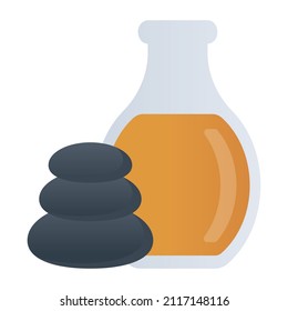 Icono plano de los productos del spa, guijarros con aceite

