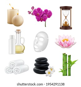 Spa realistic. Beauty and relax salon alternative medicine zen towel lotus orchid bamboo stones decent vector collection set