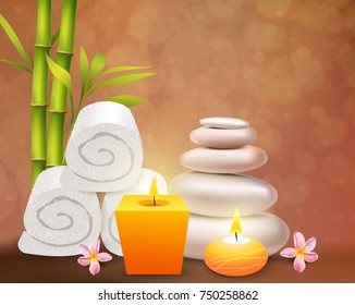 Spa realistic design concept with yellow aroma candles white towels and stones frangipani pink flowers and  green bamboo stems vector illustration