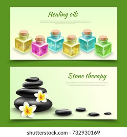 Spa realistic horizontal banners with healing oil phials and black stones for massage procedure vector illustration