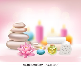Spa realistic rose composition with aroma candles white towels pearl stones and lotus flower vector illustration