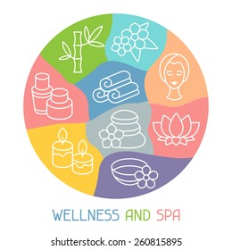 Spa and recreation background with icons in linear style.