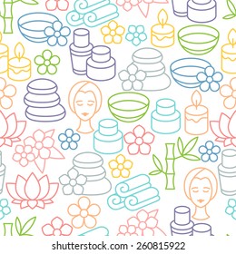 Spa and recreation seamless pattern with icons in linear style.