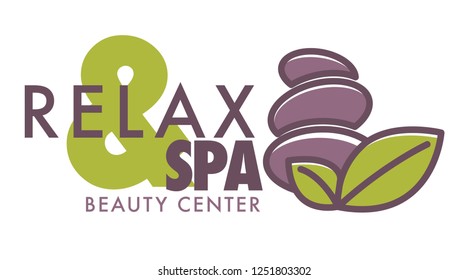 Spa and relax beauty center logotype isolated icon vector hot stones with leaves plants giving aromatic pleasure to clients care for health with help of floral elements and eco products herbs.