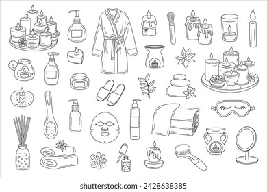 Spa, relax, candle doodle set. Makeup, beauty care outline icons. Natural cosmetic, spa and self care concept.