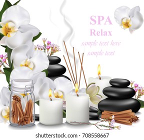 Spa relax card candles, orchid, aromas and stones Vector illustrations