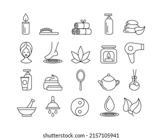 Spa relax icon. Sauna and health care line signs. Candle and cosmetic cream bottles. Beauty body. Aromatherapy and bath towel. Herbal tea. Lotus and leaves. Vector outline symbols set