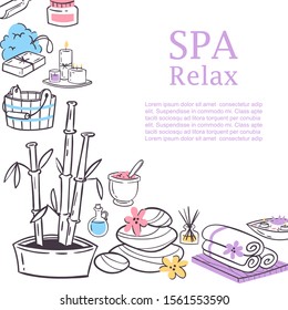 Spa relax for ladies health and beauty vector doodles illustration. Spa and sauna concept for relaxation, health club poster with quotation. Relaxing procedures for women.