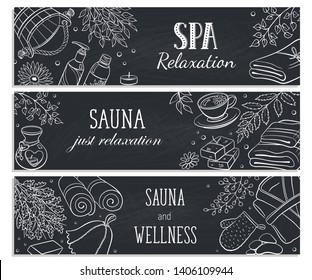 Spa relaxation banner. Sauna accessories sketches in horizontal composition. Poster with hand drawn spa items. Doodle treatment objects isolated on white background. 