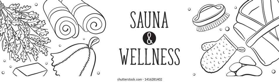 Spa relaxation banner. Sauna accessories sketches in horizontal composition. Poster with hand drawn spa items. Doodle treatment objects isolated on white background.