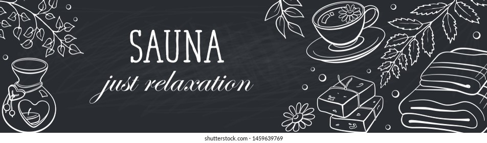 Spa relaxation banner. Sauna accessories sketches in horizontal composition. Poster with hand drawn spa items. Doodle treatment objects isolated on white background. 