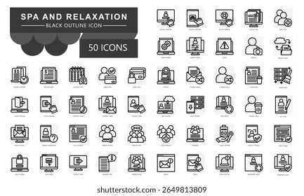 Spa e relaxamento conjunto de ícones de contorno preto. contêm terapia de aroma, chá de camomila, óleo essencial, descanso atento, música de relaxamento e muito mais. Vetor para conceito moderno, IU, UX, web e desenvolvimento de aplicativos.