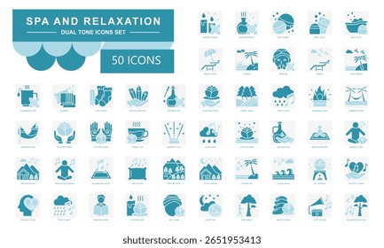 Spa e relaxamento conjunto de ícones de tons duplos. conter vela de aroma, chá de camomila, óleo essencial, descanso atento, música relaxamento, pôr do sol e muito mais. Vetor para conceito moderno, IU, UX, web e desenvolvimento de aplicativos.