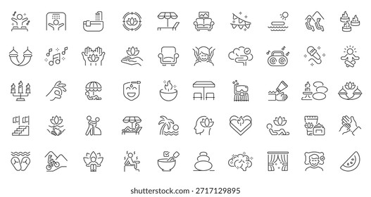 Conjunto de iconos de línea editable de spa y relajación. símbolos de bienestar y cuidado personal