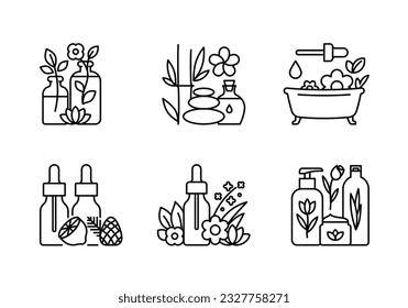 Spa and relaxation icon set. Aromatherapy, essential oil, warm bath, massage stones, organic cosmetics. Skin care and hair treatment. Editable line stroke, minimalist style, outline illustration