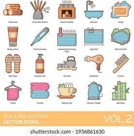 Spa and relaxation icons including aromatic wood, sauna heater, soap, body lotion, thermometer, natural pool, flipflops, shower gel, tea set, hairdryer, comb, towel, herbal, electric kettle, bamboo.