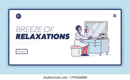 Spa and relaxation landing page for beauty center website with woman using face mask. Skincare, bodycare and wellness concept. Template background design. Linear vector illustration