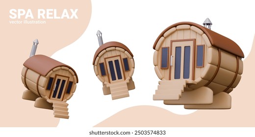 Spa relaxation. Realistic wooden washing house, barrel bath. Vector model