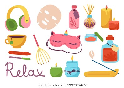 Spa relaxation salon cartoon set. Aromatherapy spa aromatic candle, sleep mask and tea cup. Headphones, nail file and massage. Body care and me time concept. Stickers female skin health cute vector