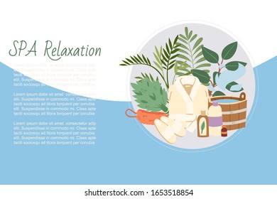 Spa relaxation and and sauna health relax, bath accessories vector illustration. Sauna relaxing procedures. Buckets, brooms, soaps, plants and bathing cloths for spa background.