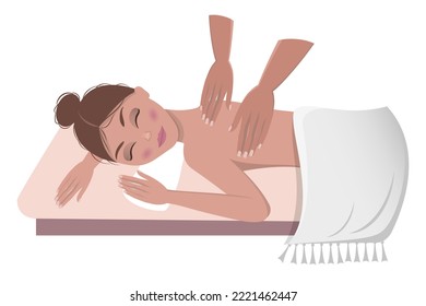 Spa relaxing and enjoying massage.
Colorful cartoon illustration.
Beautiful young woman relaxing in spa salon. 
body massage concept.
Masseur massaging back of the client on massage table