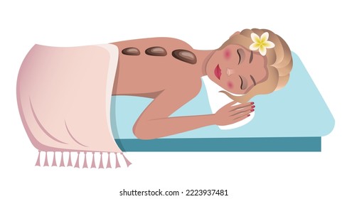 Spa relaxing and enjoying massage.
Colorful cartoon illustration.
Beautiful young woman relaxing in spa salon. 
body massage concept.
hot stone on back. massage table. Thai massage. natural organic 