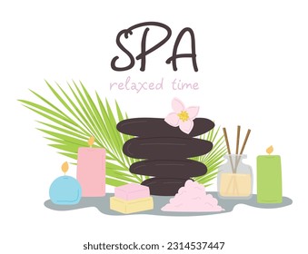 Ilustración del tiempo relajante del spa. El spa tiene un fondo blanco. piedras, hojas de palma, toallas, sal de baño aislada en fondo blanco