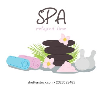 Spa relaxing time illustration. Spa atributs on white background. Spa stones, palm leaf, towels, bath salt isolated on white background