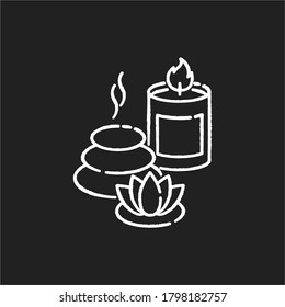 Spa resort chalk white icon on black background. Wellness tourism, health sanatorium. Relaxation procedures. Spa stones, lotus flower and aroma candle isolated vector chalkboard illustration