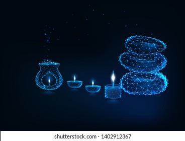 Spa resort futuristic concept with glowing low poly aromatherapy lam, oil lamps, candles and zen stones and copy space for text on dark blue background. Modern wireframe design vector illustration.
