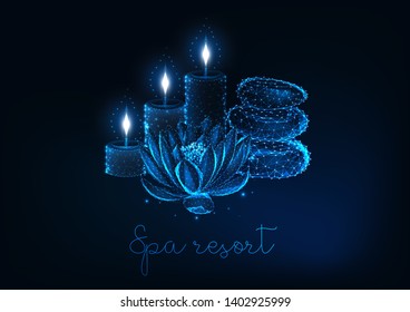 Spa resort futuristic concept with glowing low poly lotus flower, aromatic candles and zen stones and text on dark blue background. Modern wireframe design vector illustration.